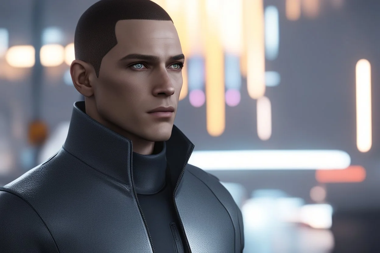 Markus in 8k anime cgi artstyle, Detroit become human them, normal eyes, close picture, neon effect, rain, apocalypse, intricate details, highly detailed, high details, detailed portrait, masterpiece,ultra detailed, ultra quality