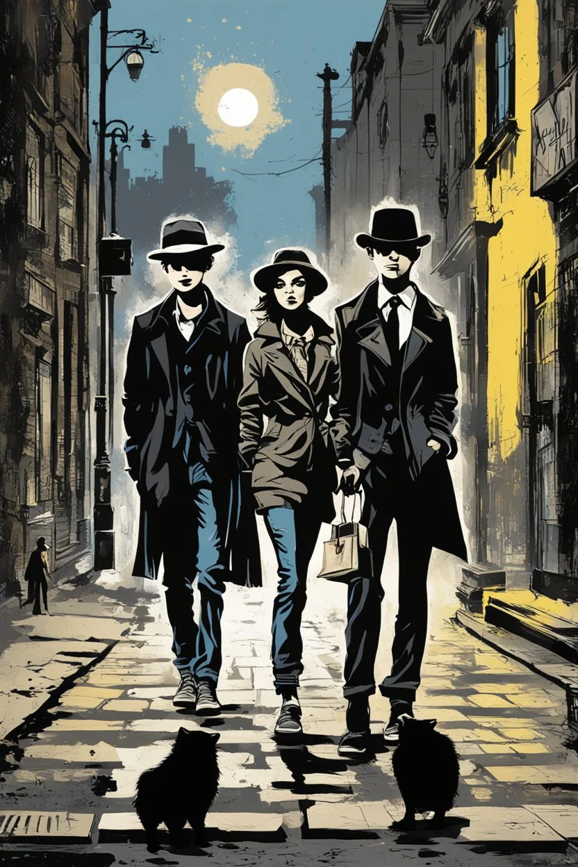 Design a detective book cover for teenagers. A teenage girl in the centre, one boy on her left, and one on her right are on the town street. Black cat. Banksy style, pop art style, mysterious atmosphere