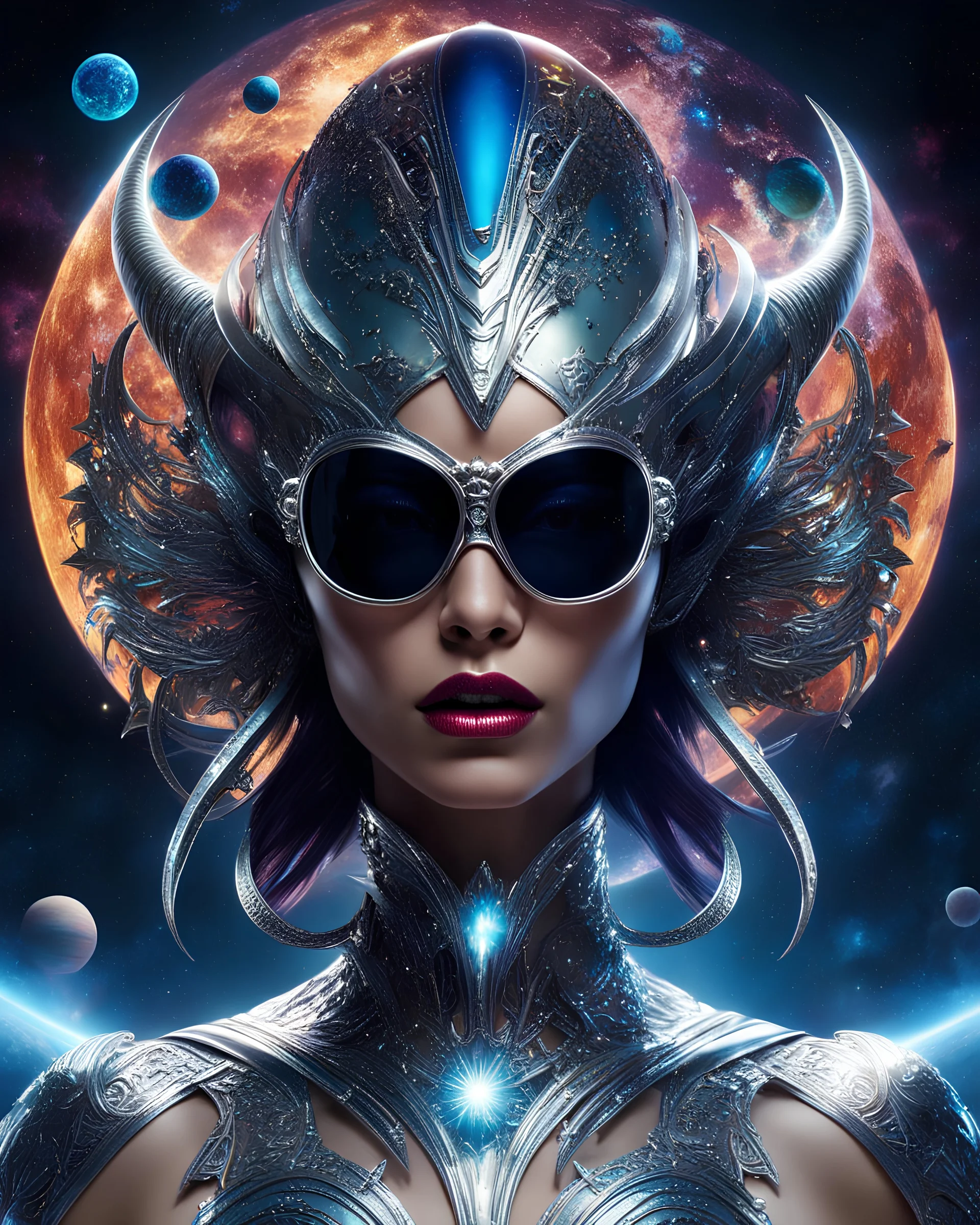 A captivating and vibrant image of an extraterrestrial being, perfectly suited for a futuristic cover. The alien sports a stunning metal headdress, with intricate designs that perfectly match his elegant silver face. Her retro-style oversized sunglasses are adorned with miniature stars and planets, accentuating her otherworldly charm. Against a dark cosmic void, the background displays a fascinating dance of vivid colors, evoking a sense of movement and cosmic energy. Full body
