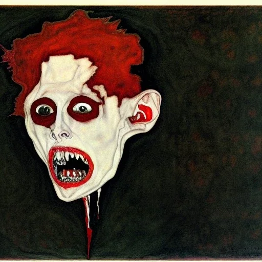 Horror Disfigured bald Vampire,blood big canine teeth with blood,full body by egon Schiele,