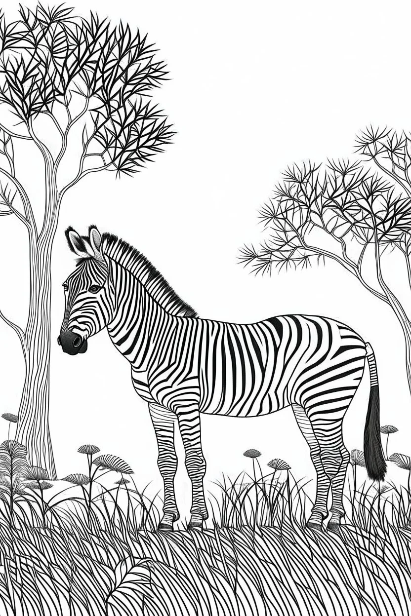 Feature a zebra, in a savannah setting, with a few acacia trees, clean line art, white background, no shadows, black and white coloring book.