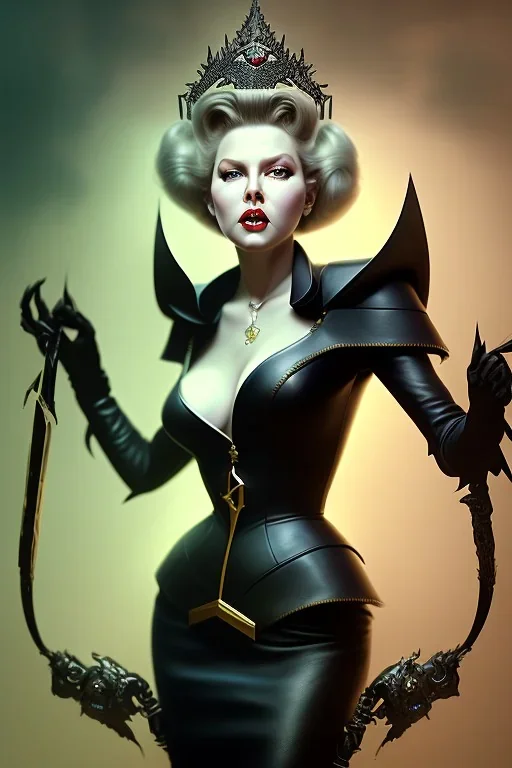 Lana Turner as evil queen in black leather, leather, busty, cleavage, angry, stern look. character design by cory loftis, fenghua zhong, ryohei hase, ismail inceoglu and ruan jia. unreal engine 5, artistic lighting, highly detailed, photorealistic, fantasy