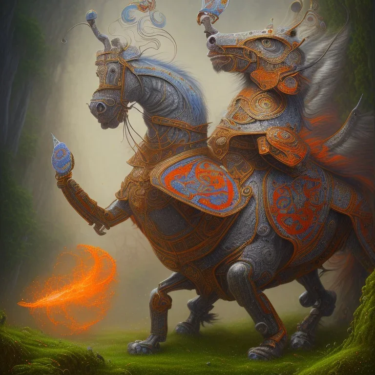 angry horse in orange and blue battle armor, Book of Kells style, a highly detailed illustration, background of Inka jungle, realistic render, 8 k, micro detail, intricate, elegant, centered, digital painting, Artstation, smooth, sharp focus, illustration, artgerm, tomasz alen kopera, peter mohrbacher, donato giancola, joseph christian leyendecker, wlop, boris vallejo