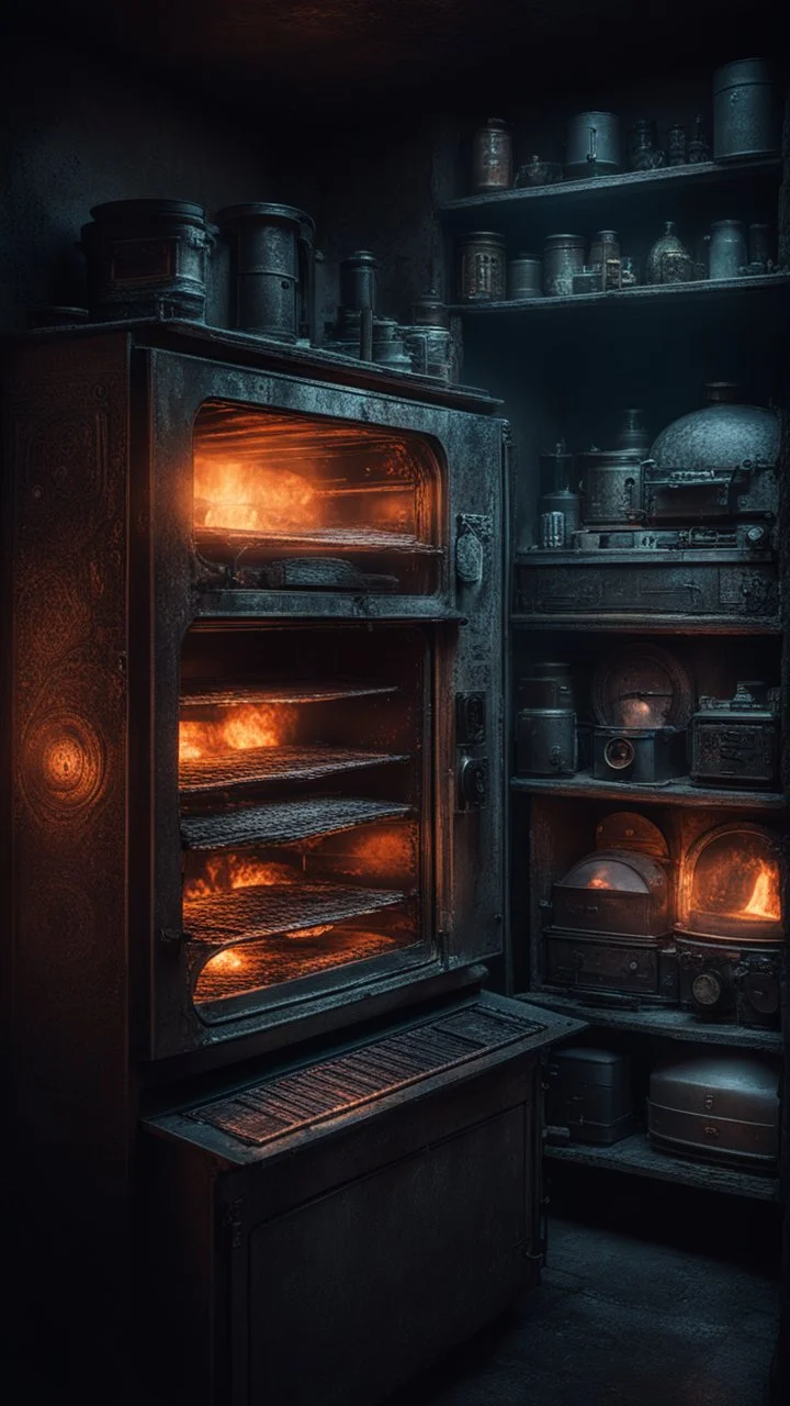 Si-Fi, The permanent under atmospheric lighting effects, a whole shelves of rotary checkins oven , intricate historical moody atmosphere, eerie grimdark ambiance, complex motherboard accents, speculative fiction art. Bokeh