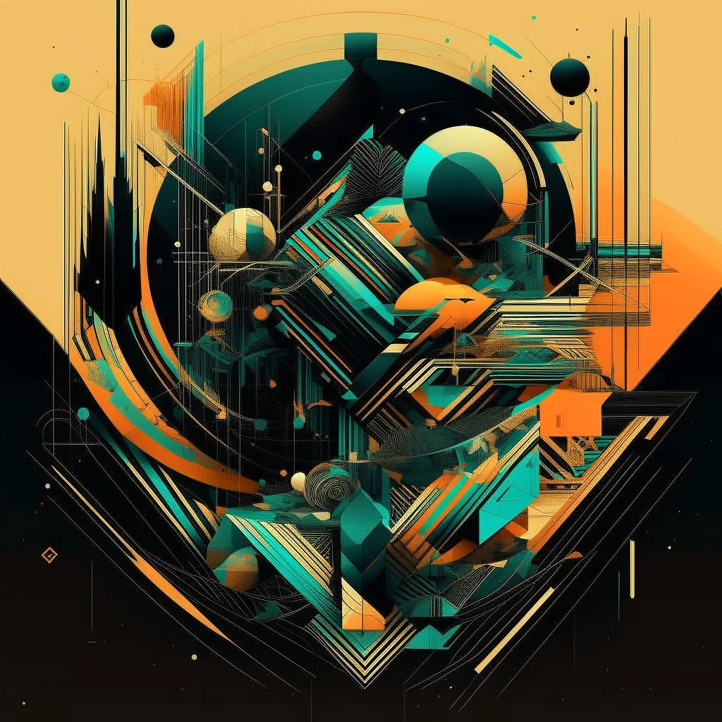 futuristic digital collage by Petros Afshar, abstract art. EX-MACHINA, geometric line