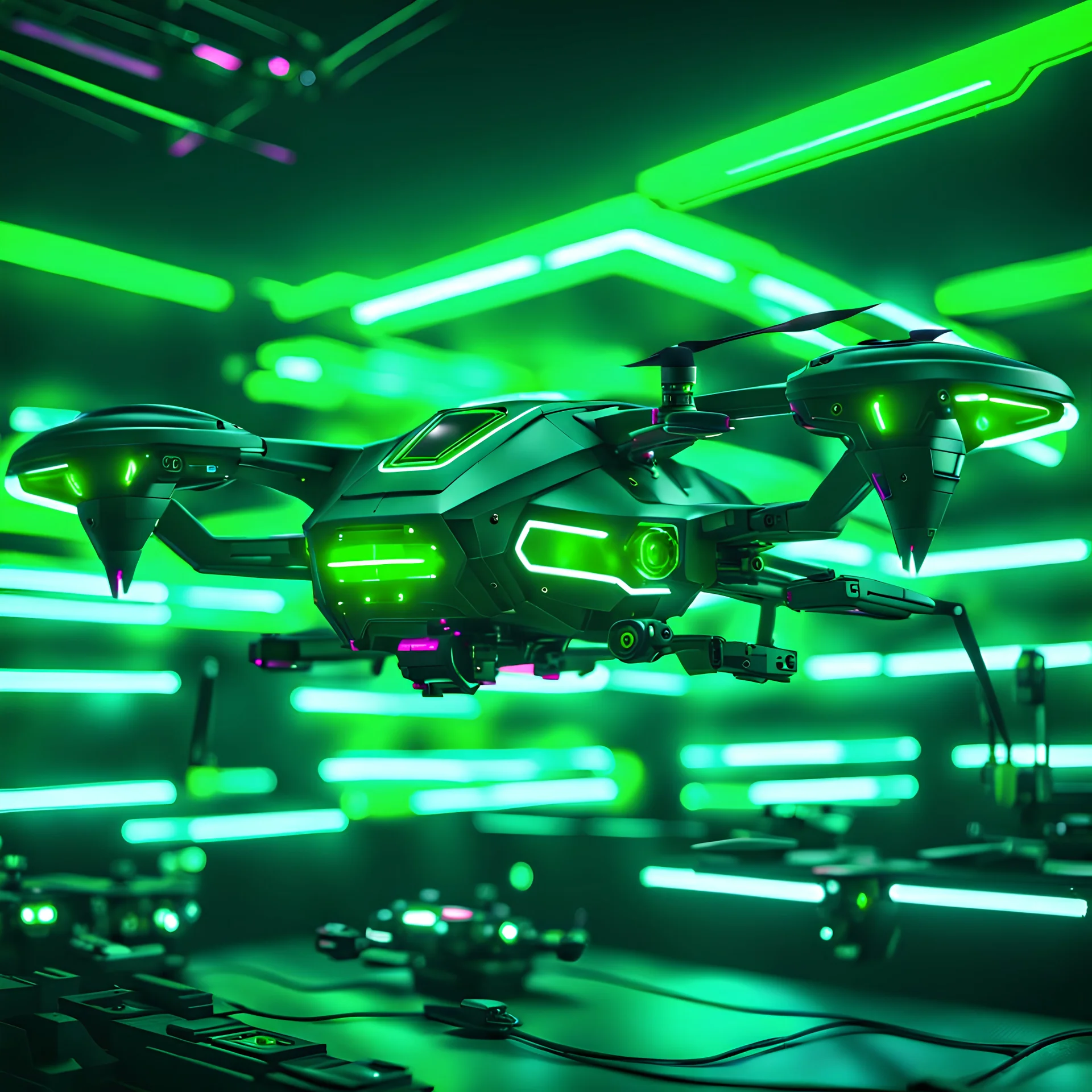 drone cyberpunk style, green lighting