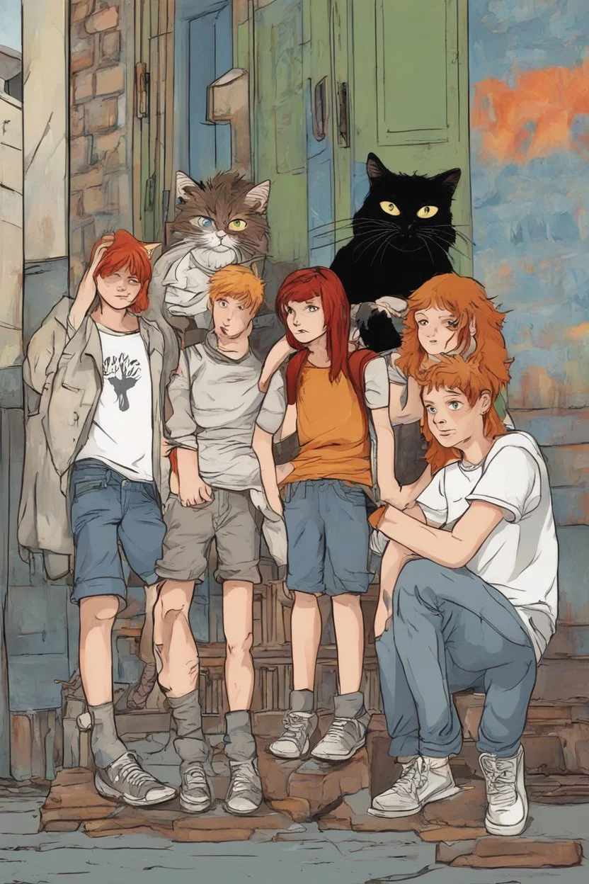 Act like a book cover designer. Use graffiti style. Grimmy black cat and a group of three teenagers (13-15 years old) - two brothers with ginger hair and frickles with a brown-haired girl. Environment: old town.