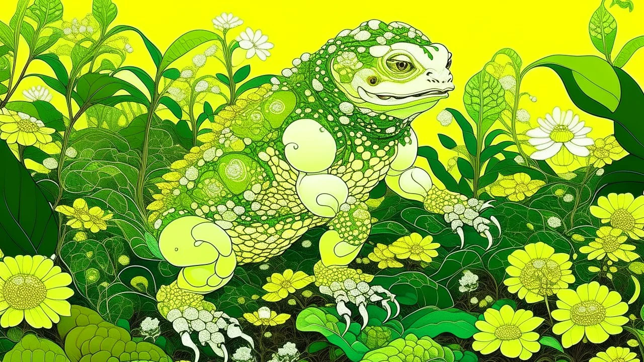 digital painting, A surreal, fantastical creature with a plant-like body, large green leaves, and white flowers emerging from its form. The creature is set against a vibrant yellow background with hints of a rocky or mountainous landscape in the distance, Ukiyo-e art, intricate japanese patterns and setting