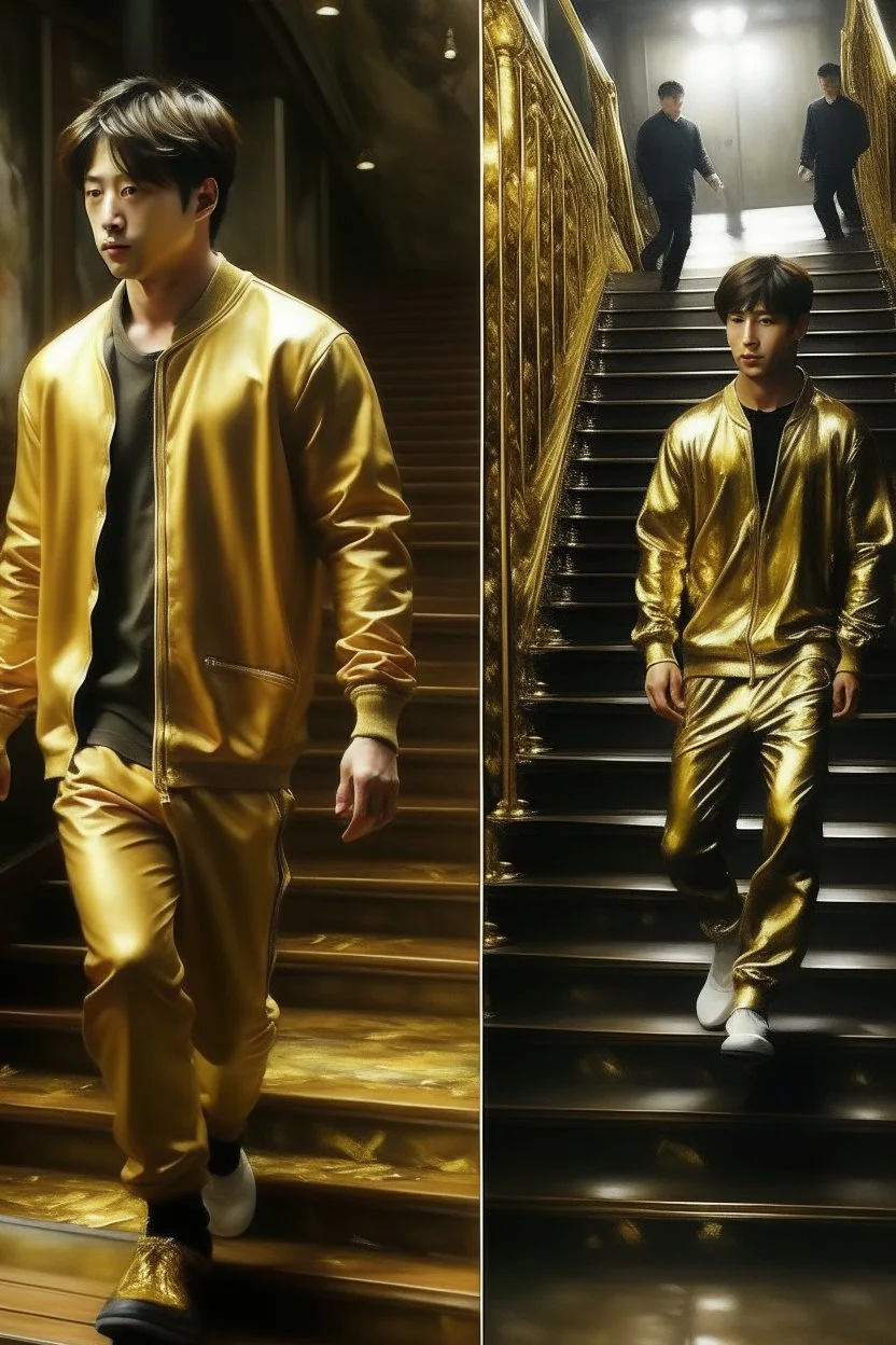 Oil painting Jungkook walks and his steps turn into goldPhotorealistic