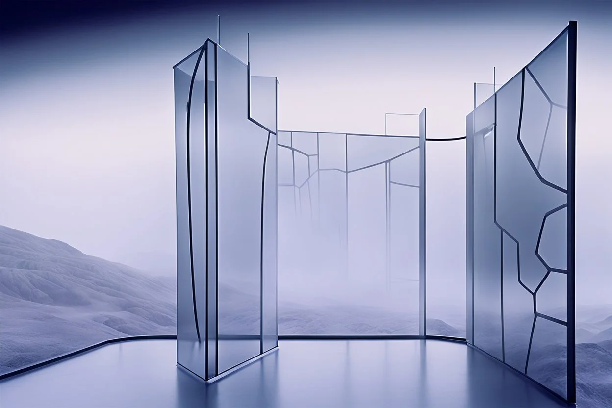 a surreal shimmering open glass gate in a glass wall with a view of a desolate landscape, fog, night, infrared filter, strong contrasts, by artist "Leonora Carrington",by artist "Zaha Hadid""