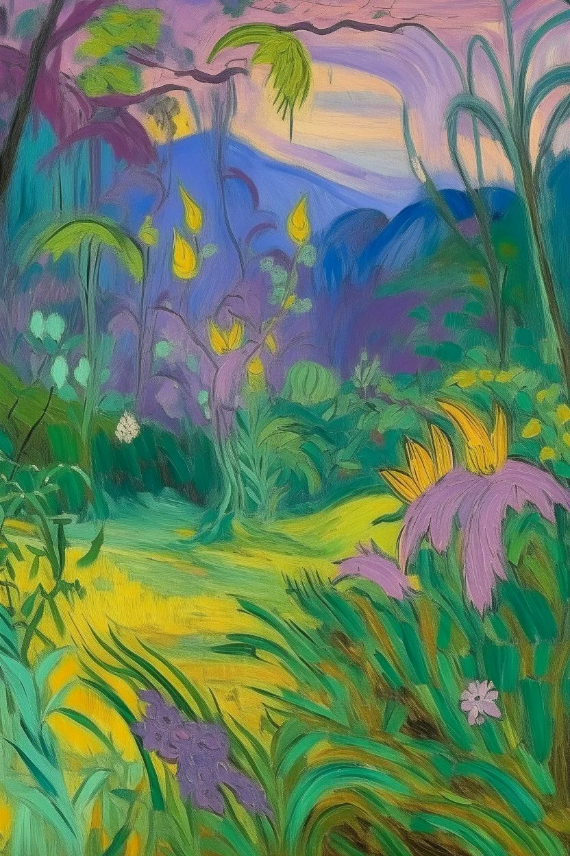 A light purple jungle with fairies painted by Vincent van Gogh