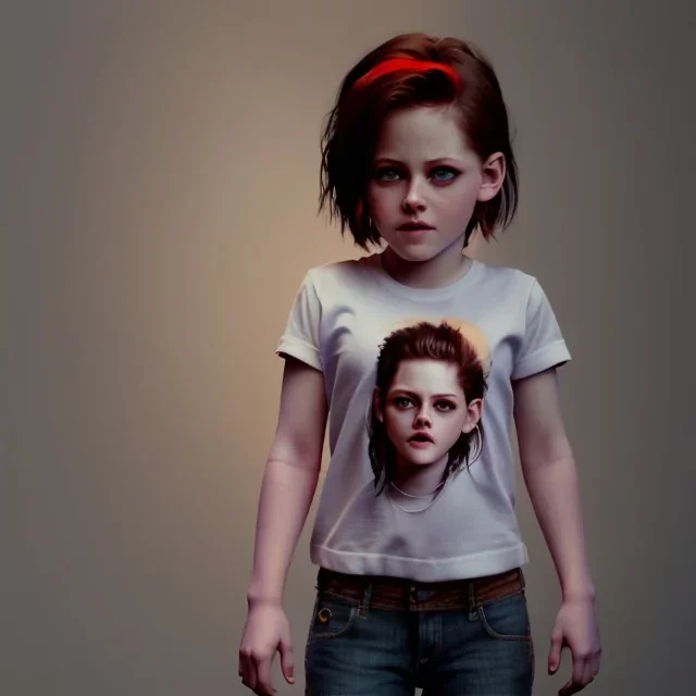 Kristen stewart toddler, full body, dramatic lighting, hyper realistic