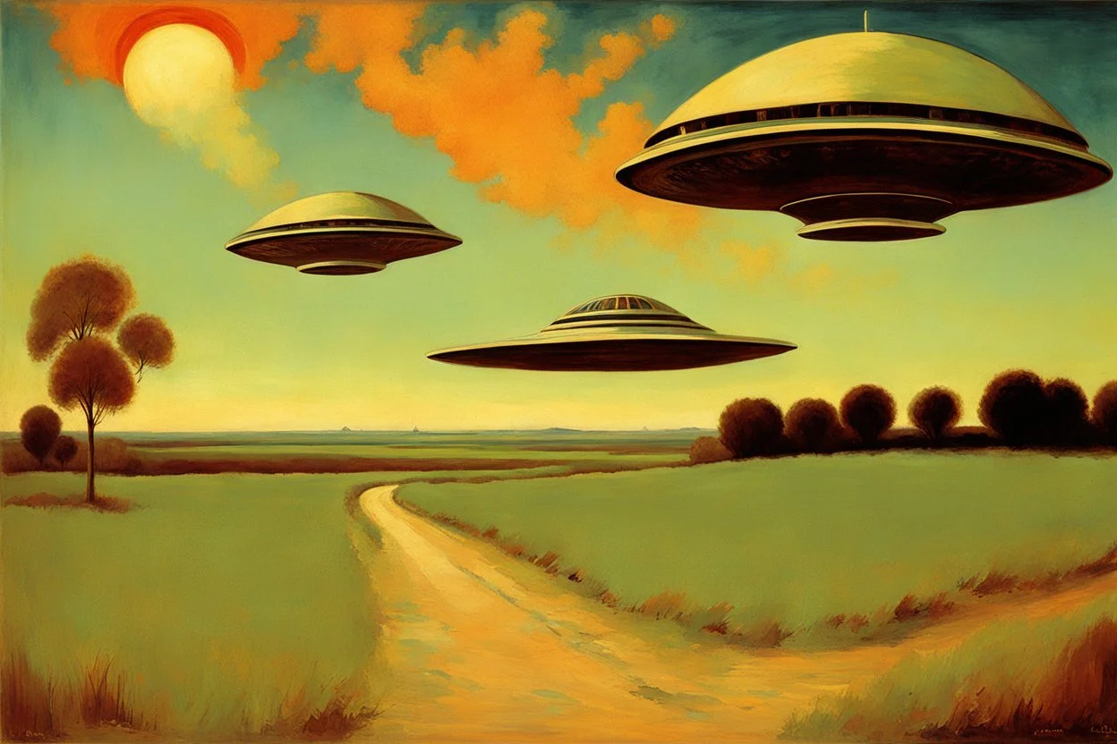 retrofuturism landscape with ufo in the sky, henry luyten and ludwig dettman impressionism paintings