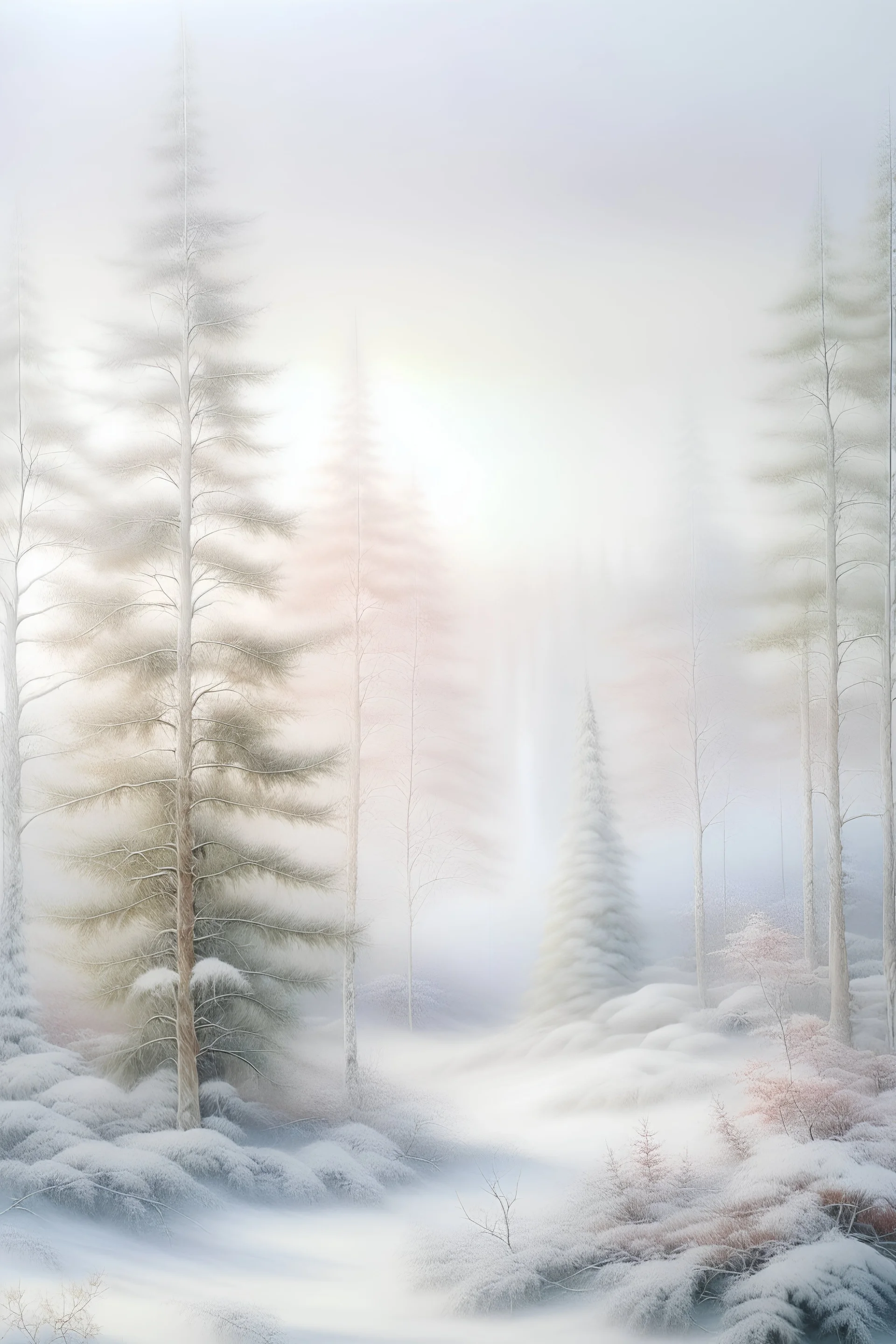 magic Fir trees, flowers, beautiful landscape, delicate tones, translucent, snow white, clear lines, high-quality drawing, beautiful landscape, clear drawing of details, realistic, high quality, hazy haze, hyperrealism, delicate pastel tones, fabulous, highlights, high-quality detail, watercolor, snowy