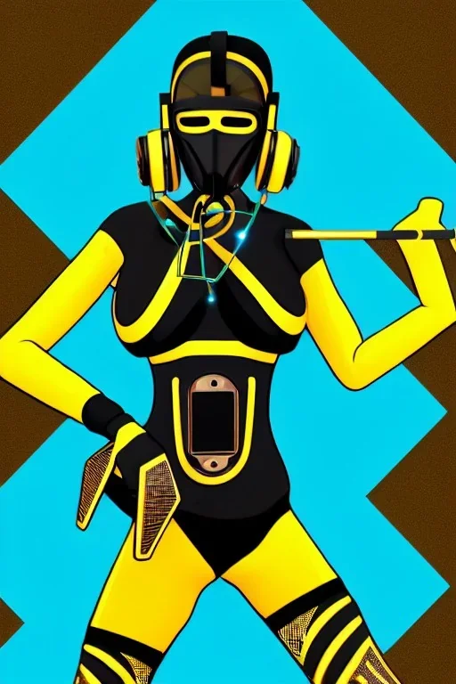 HQ photograph. Geometric 3D tiling on the background, Egyptian. Bronze color, Yellow, Black Cyan, Cyber-punk, full-mask, big old AKG headphones, golden rings & disc, fencing mask. Selfie archer. Asa Akira, lightly armored, electronic circuits. Thick tights, thick calves, bend fell, wide hip, flat belly. Ancient artifact attached. Perfect body. Matrix movie clothes, Silver leather area, tippet, latex. Wicked sneakers. Daft Punk, Tron Movie. Haute Couture. 1990's. Ancient telephone microphone.