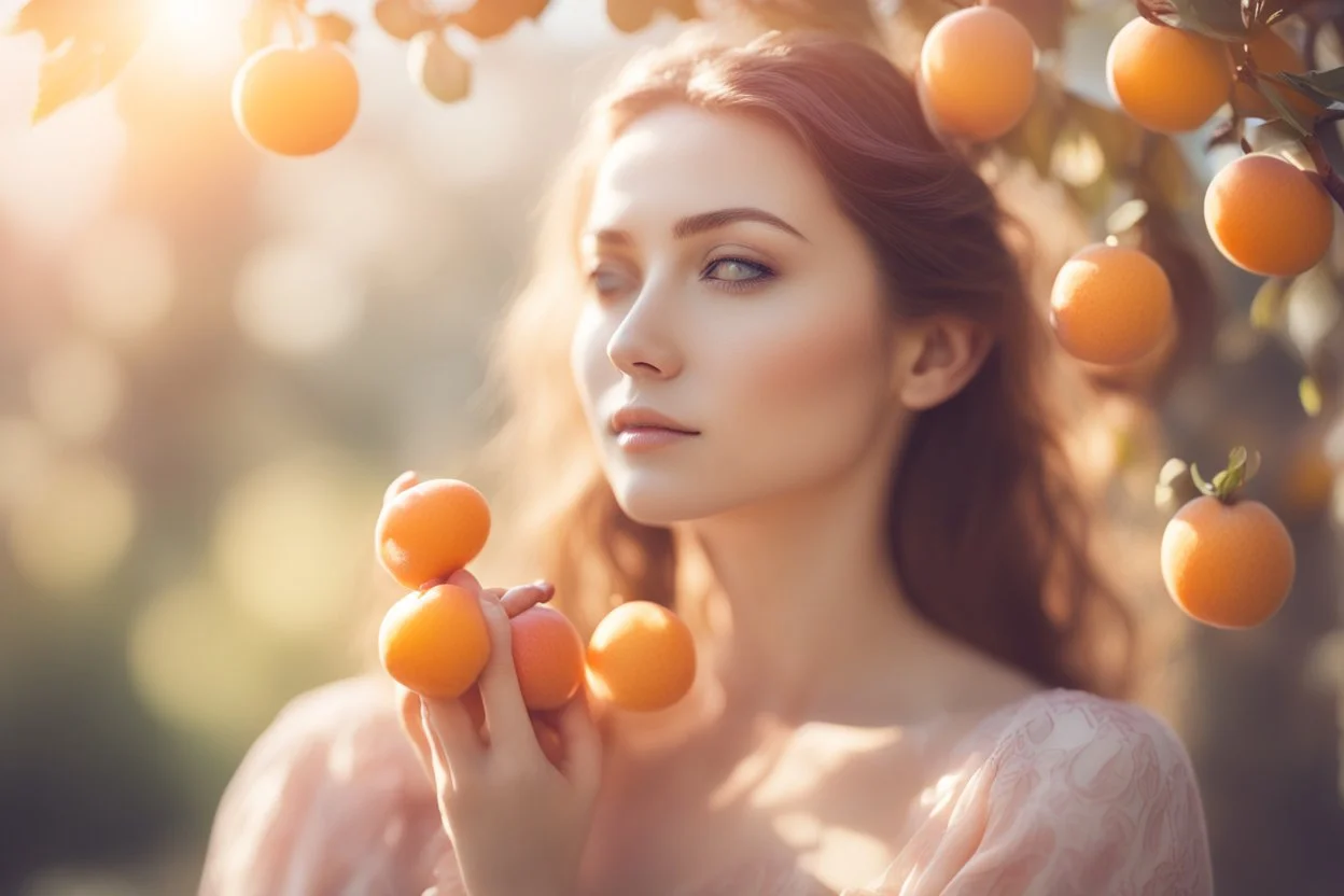 Beautiful woman, apricot, plum, beautiful composition in sunshine, ethereal, cinematic postprocessing, bokeh, dof