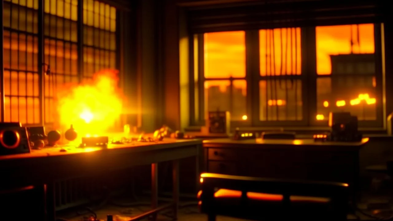 4K, ultra detail, ombres lumieres et reflets maximum, full realism. Light maximum. Terminator fighting with the devil on a radio station. A nuclear explosion can be seen outside the window. Fire in the room