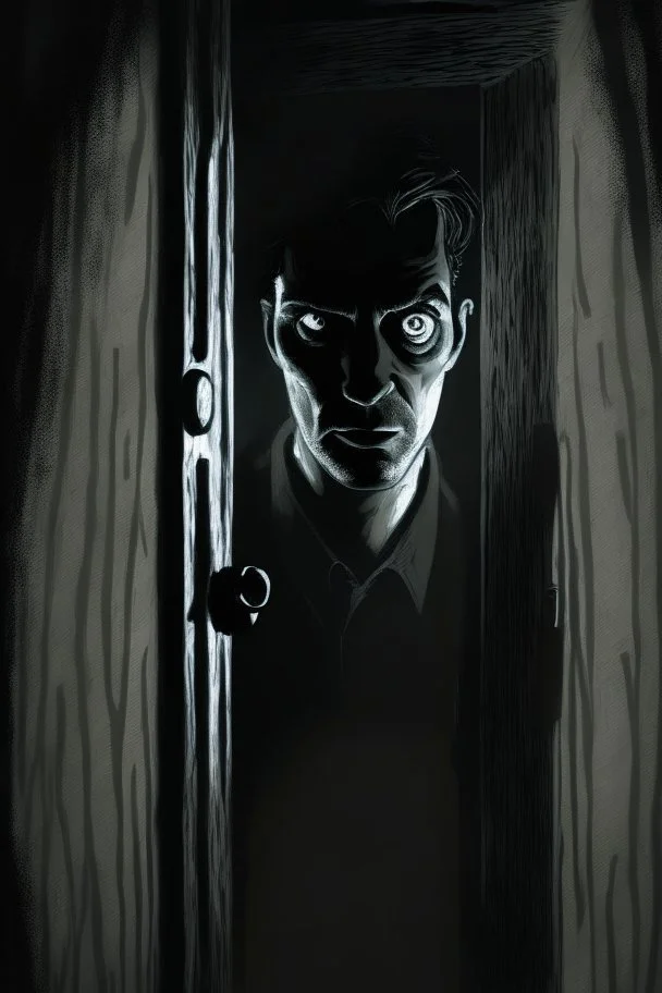 The man standing on the other side of the door, looking through the peephole with a suspicious expression on his face, modifiers: dark, Moody, shadowy, Low angle, film noir, Highly detailed, Digital painting, Artstation, Sharp focus, contrast, Contrasting colors, mystery, suspenseful, thriller, Expressionism, trending on deviantart, art by jock and sean phillips.