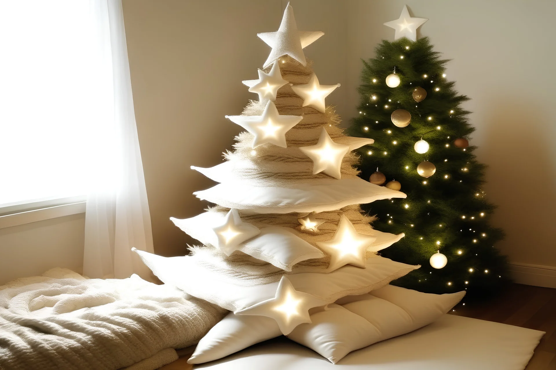 Mattresses on top of each other as a Christmas tree with star on top, make it dreamy magical feeling, creative, simple