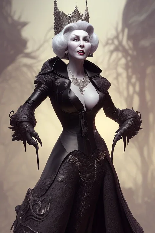 Mae West as evil queen in black leather, leather, busty, cleavage, angry, stern look. character design by cory loftis, fenghua zhong, ryohei hase, ismail inceoglu and ruan jia. unreal engine 5, artistic lighting, highly detailed, photorealistic, fantasy