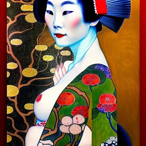 dibujo al oleo de cuerpo entero de una Geisha bella con tatuajes arbol sakura estilo Gustav Klimt