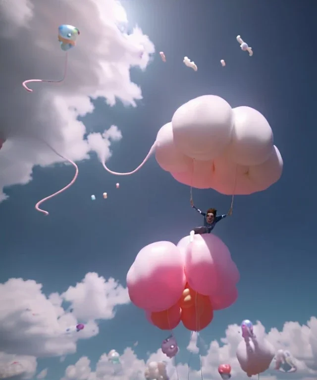 Ultra realistic speed clouds sky scene, wide angle view, sweet childs falling down, inflatable color clothing, free jumping flying, many trinkets, monster head, hair monster, many jelly beans, balls, smile, happy, circus style, extreme, wind, clouds sea, 20,000 feet altitude, stratosphere, soft color, highly detailed, unreal engine 5, ray tracing, RTX, lumen lighting, ultra detail, volumetric lighting, 3d, finely drawn, high definition, high resolution.