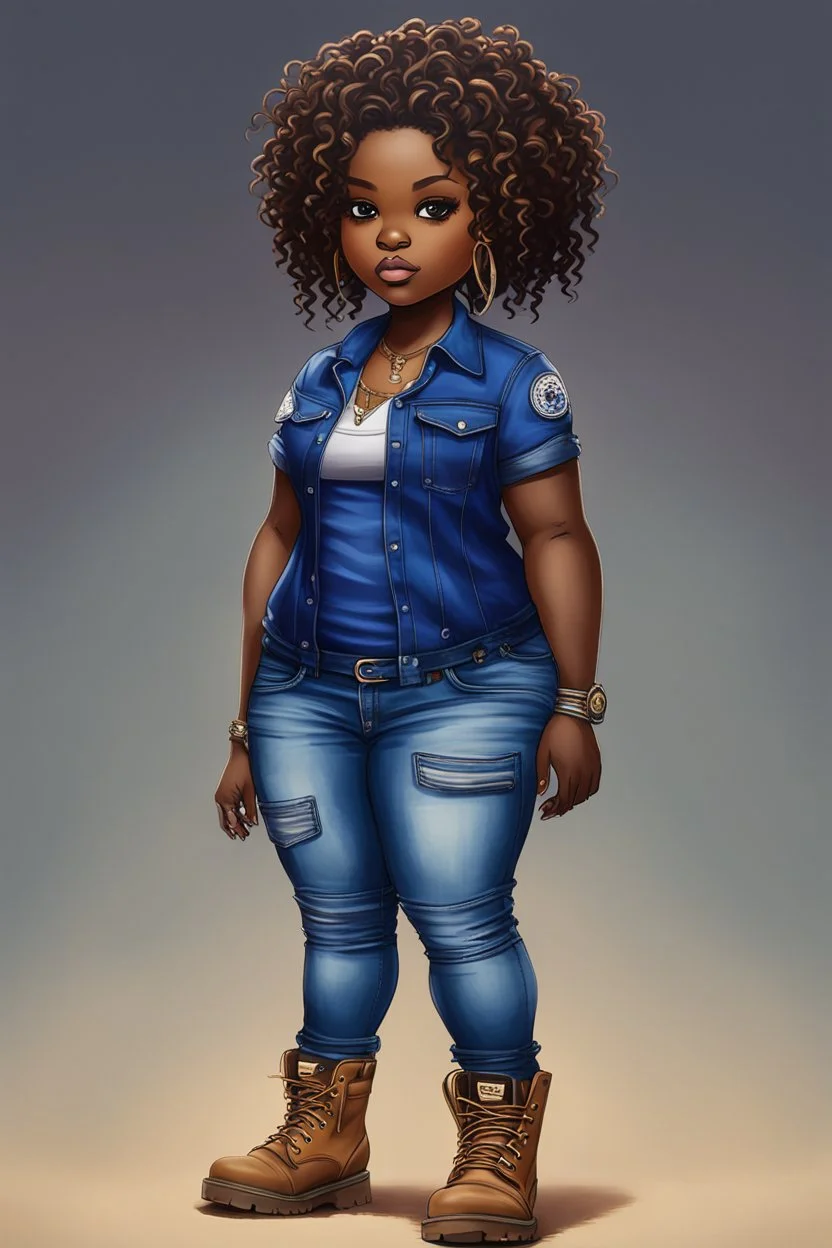 create an oil painting image of a plus size chibi dark skinned Black female wearing a sapphire blue jean outfit with timberland boots. Prominent make up with brown eyes. Highly detailed tight curly ombre dread locs