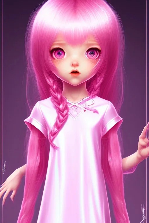 Loli wearing long nightgown, hands behind back, wholesome, innocent, long pink hair, tilted head