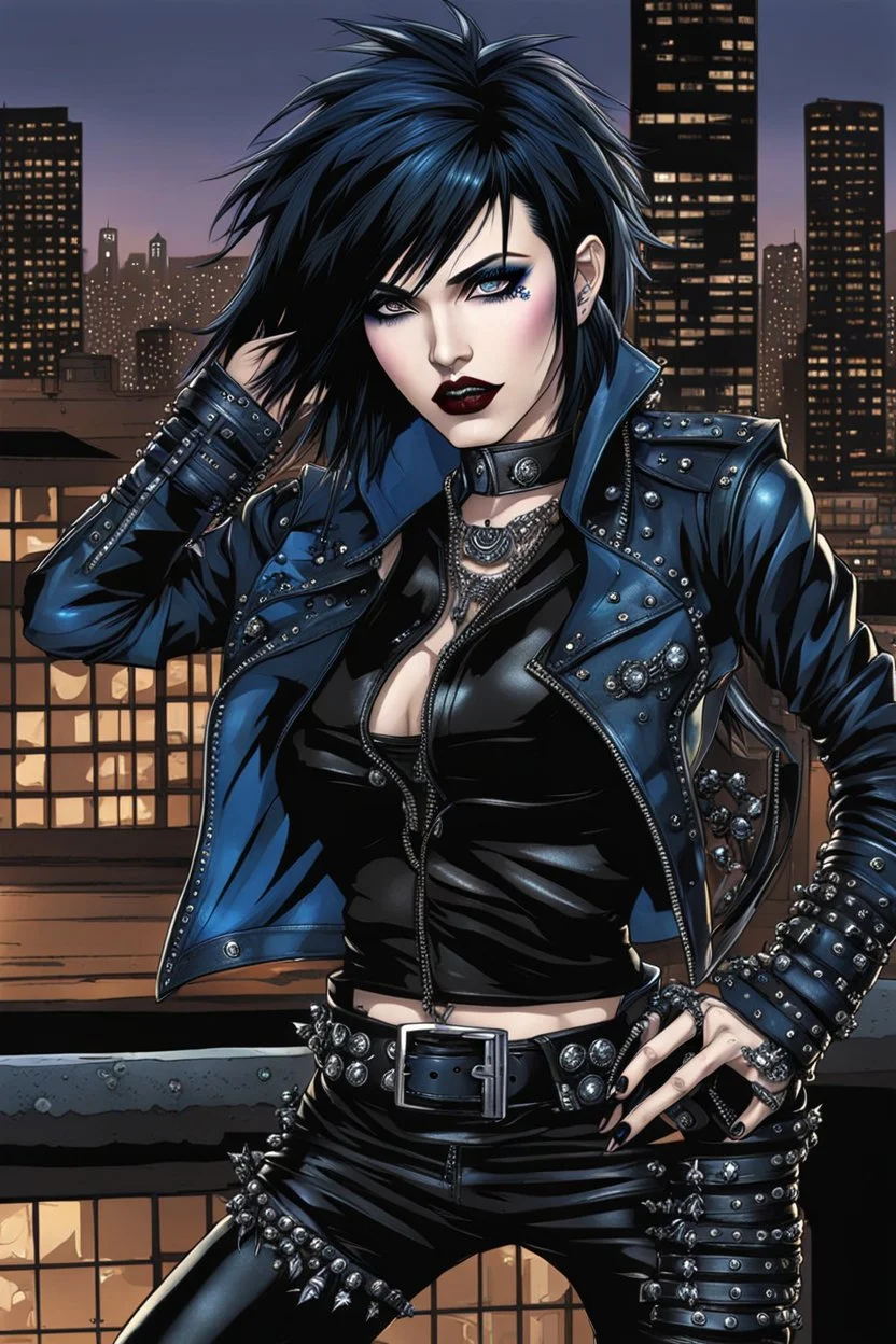 Goth_punk style,dynamic pose, full body ,((on top of a rooftop at night)), blue and black hair mix, shiny eyes, dark lipstick, goth black leather jacket with spiky decorations, blue shirt, black leather tight pants, combat boots with spiky decorations, goth black belt with spiky decorations, sharp focus, detailed, intricate detail, splash screen