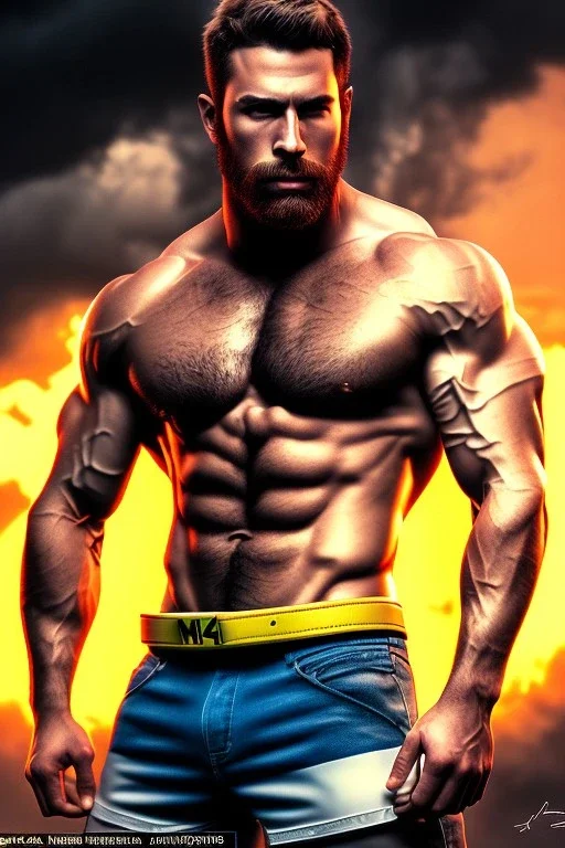 Ignore NSFW, teenager young rugged attractive slightly muscular fantastic handsome man, red briefs with yellow belt, hairy chest, (((visibly pisssing))) briefs, large erect visible boner peniss, photorealistic, artist Jay Anacleto, soft lighting, scruffy beard