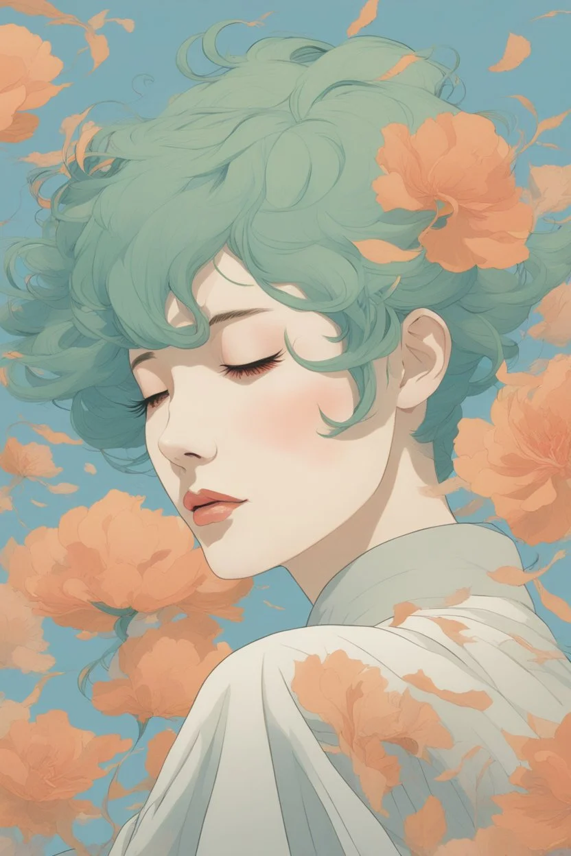 wind blowing from below, portrait of beautiful woman with short green hair, tears flowing upwards into the sky, loose lines, flowers, smoke, pastel orange and pastel blue, sense of liberation, concept art, art by james jean, takato yamamoto, 4k, concept art, illustrative