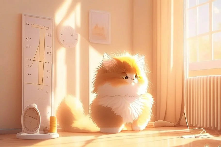 cute fluffy chibi beige cat measuring fever in a modern room in sunshine