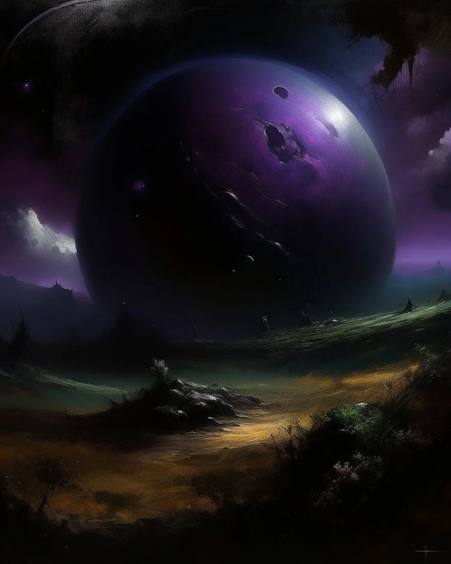 A dark purple planet with marvelous rings around it painted by George Inness