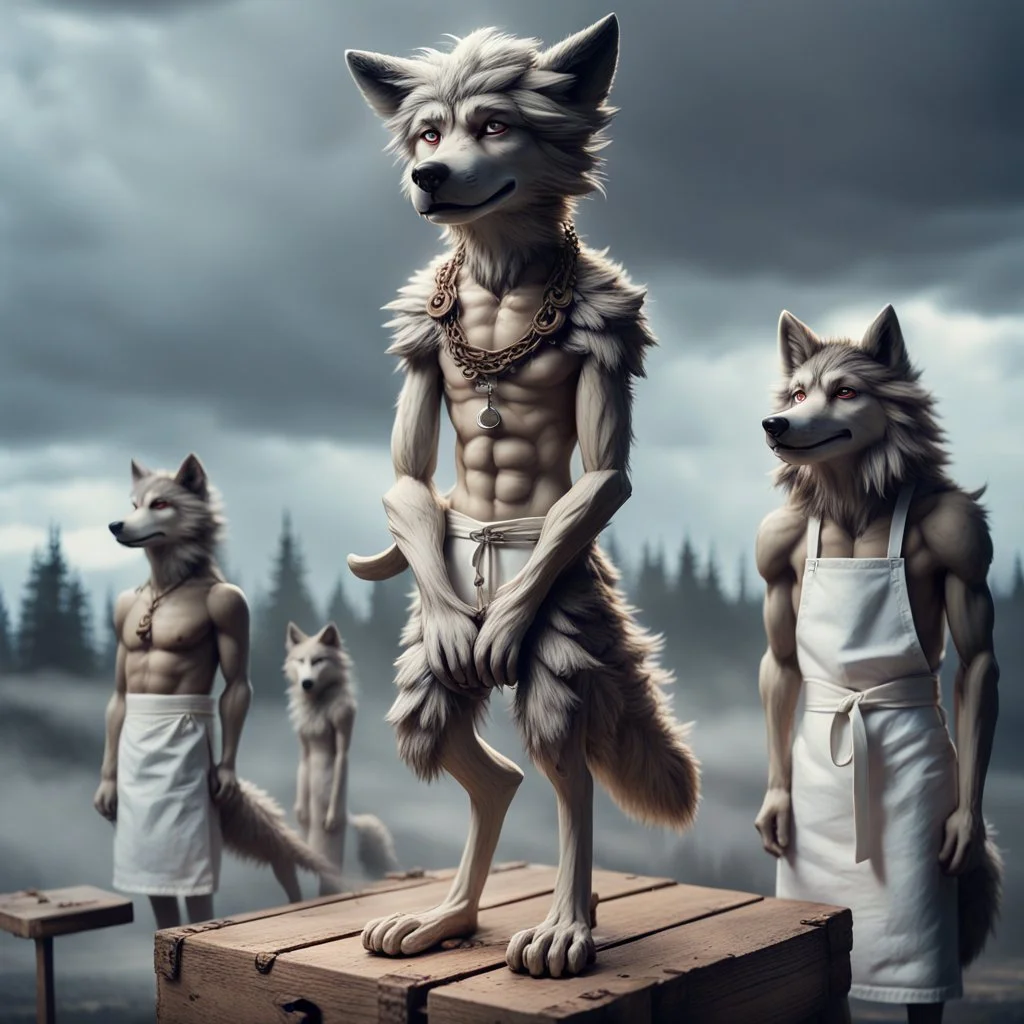 stands on top a wooden box a thin, young sad anthropomorphic wolf in full body hair with autentic wood-bone necklace hanging in his neck and in white belt , front him two older anthropomorphic wolves white Chef's Bib Snap Apron look at him, stormy sky, in blur background more different anthropomorphic wolves stand in body hair and looking them , realistic, detailed, cinematic, sci-fi, digital art, fantasy mood