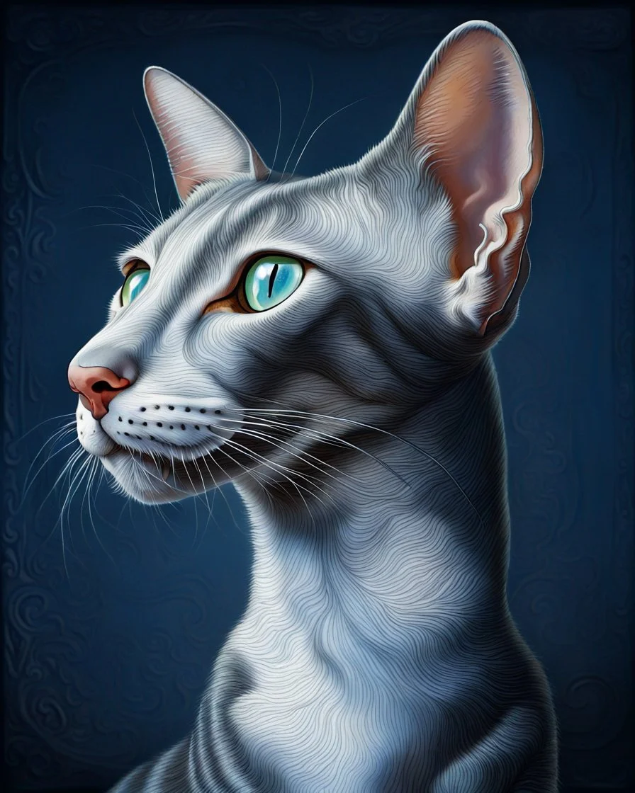 Oriental shorthair blue and white mackerl tabby cat hyperdetailed, In the art style of Jean-Antoine Watteau, Nicholas Roerich, Studio Light.