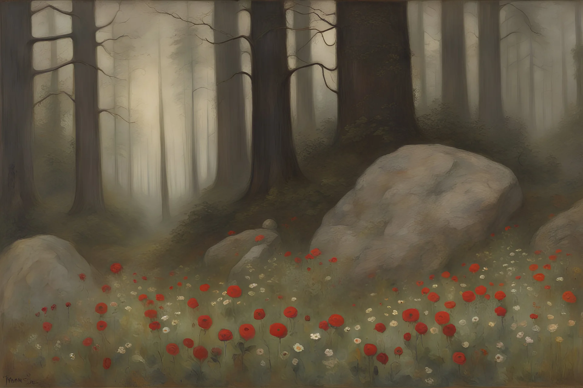 Cloudy day, flowers, rocks, forest, gothic horror influence, disturbing, people, mistery, hans am ende mpressionism paintings