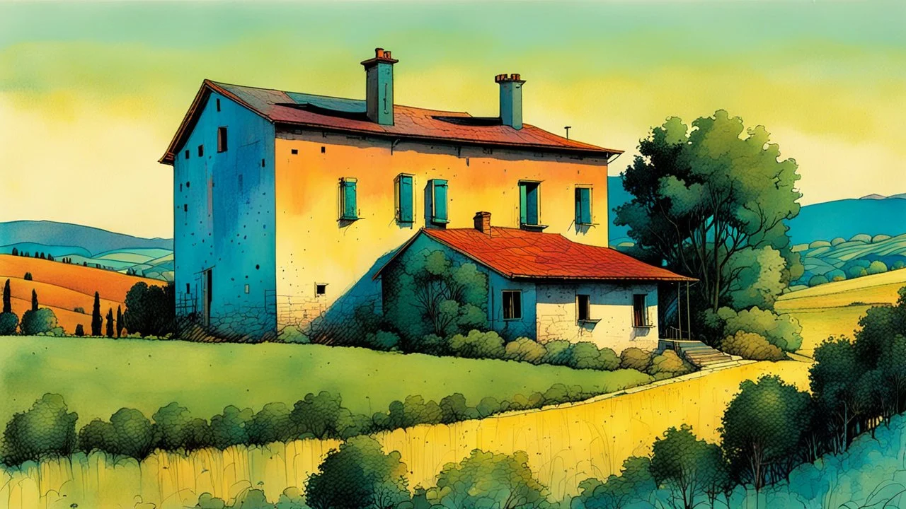 create a wildly abstract illustration of a highly detailed fortified Italian farmhouse surrounded by Lombardy poplar trees, in the hills of Tuscany at dawn, in the comic book art style of Bill Sienkiewicz, and Jean Giraud Moebius, finely textured, drawn, colored, and inked