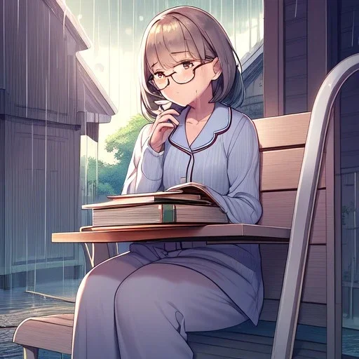 anime girl sitting on a porch swing of an old house, journaling, wearing pajamas, writing in a book, shes watching it rain, more detail on hands and her face,shes deep in her thoughts, wearing glasses, rain drops, she has a pencil in her hand and is writning in the book, she is looking down at what she is writing, lightning, she is writing something in a book