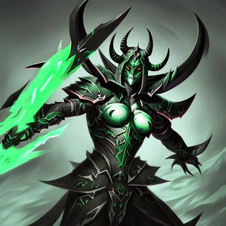 demonio de armadura verde y negra con cuernos con alas negras y con una lanza de fuego