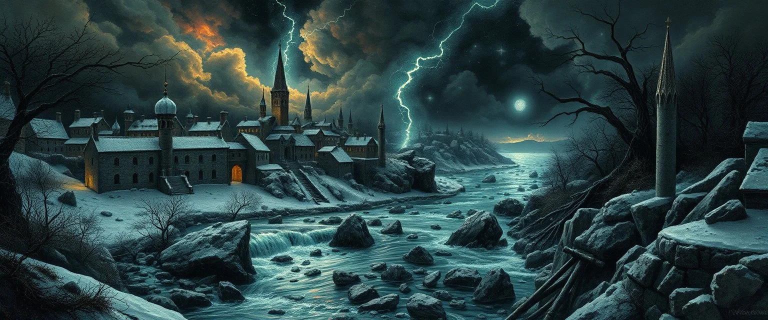 in the style of Rembrandt and Escher, storm During the Siege of Dorn, the city was lost, walls cracked under war and frost. A desperate mage called wild magic near, not to command it—but to let it hear. The spell went wrong in every way— the river reversed, then chose to stay. It flowed uphill through broken stone, and d