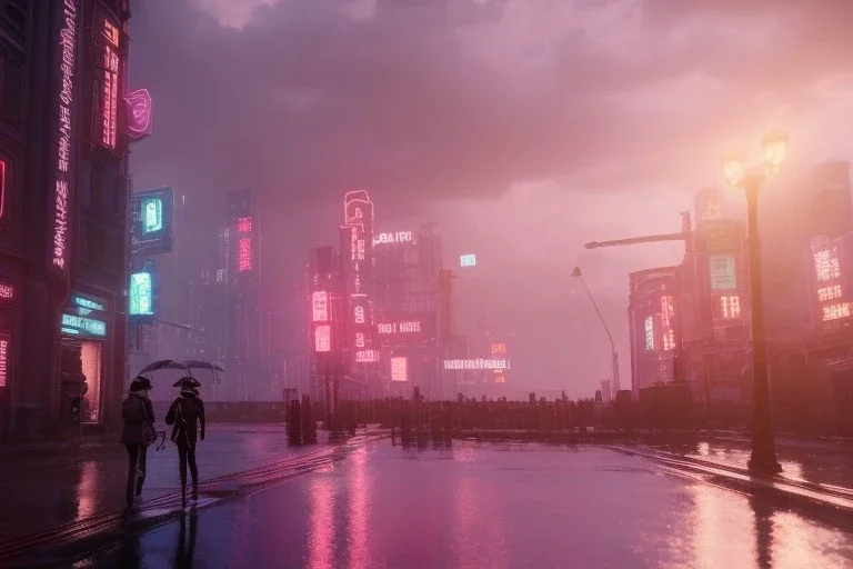 3D, beautiful, light reflecting, empty future city at night, rainy night, neon, cyberpunk, tron, one cyborg walking, 8k, finely detailed, photo realistic