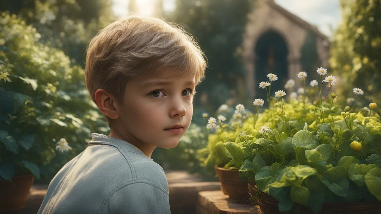 little boy, above the waist, perfect eyes, tending the gardens, exquisite composition, beautiful detailed intricate insanely detailed octane render trending on artstation, 8k artistic photography, photorealistic concept art, soft natural volumetric cinematic perfect light, chiaroscuro, award-winning photograph, masterpiece, raphael, caravaggio, greg rutkowski, beeple, beksinsk