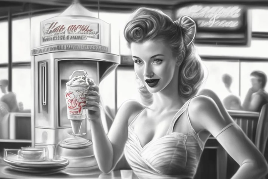 50-v5.2 prompt 26: Using the Grisaille technique, create a vintage Pin-up Girl in a classic 1950's diner setting. elegantly sipping a milkshake with an iconic jukebox in the background. -ar 16:9 -s 50. -v