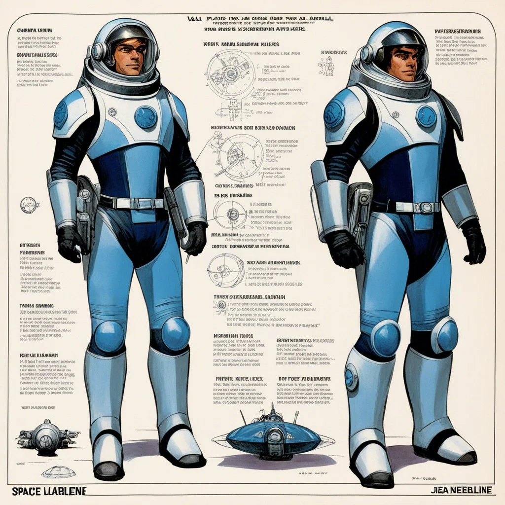 character concept sheet with AD&D statistics and characteristics for the TTPRG "Valerian and Laureline", [illustration by Jean-Claude Mézières (1967)] spacio-temporal agent Kael Dravan (male human), in spacesuit, ready to drive a spaceship