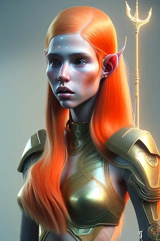 painting of a tall elven young woman with short light orange hair and freckles on the cheak bones and tall body of a topmodel light clothes, full shot, ultra realistic, concept art, intricate details, eerie, highly detailed, photorealistic, octane render, 8 k, unreal engine. art by artgerm and greg rutkowski and charlie bowater and magali villeneuve and alphonse mucha