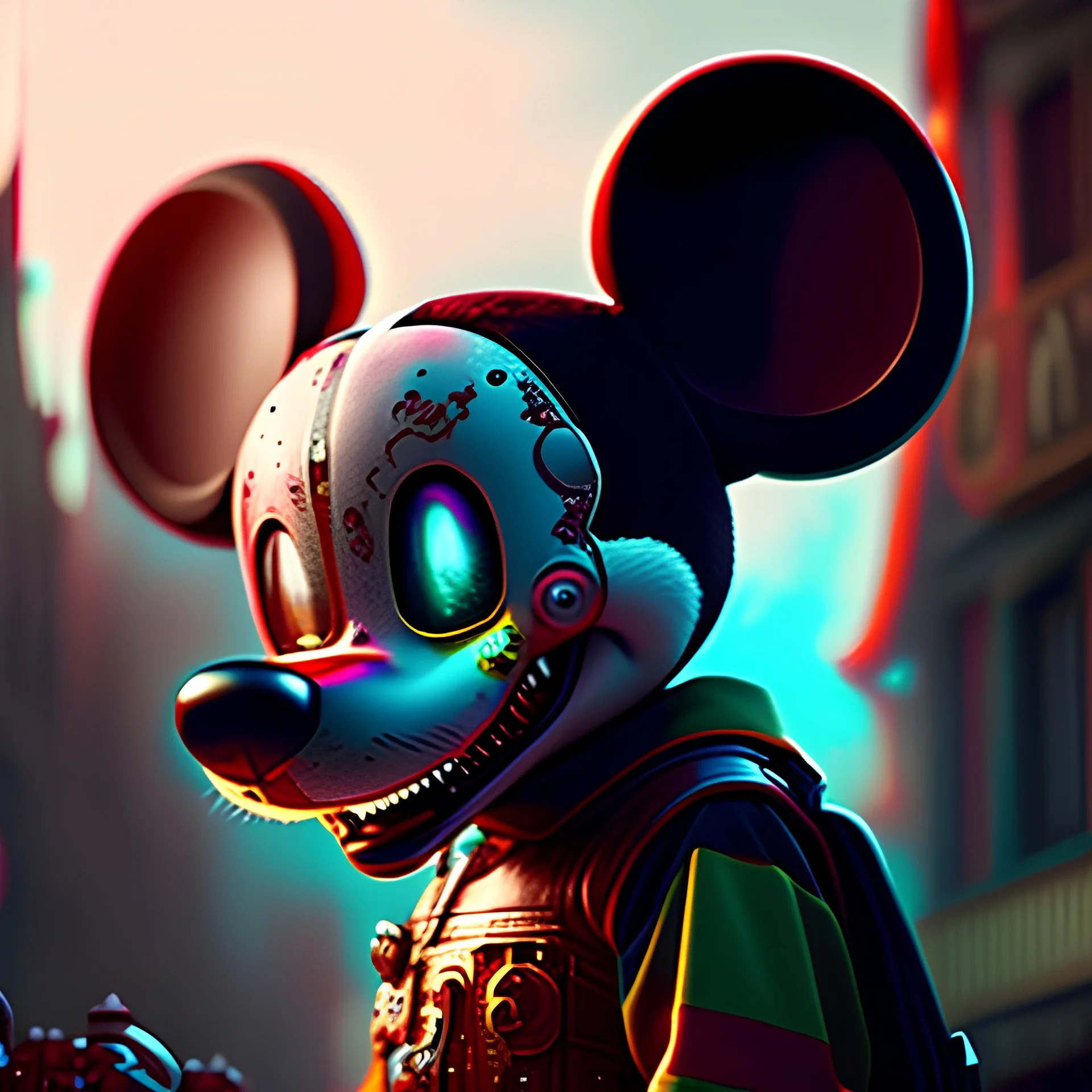 zombie mickey mouse hybrid, photorealism, movie screen capture, horror, sci-fi, retrofuturism,