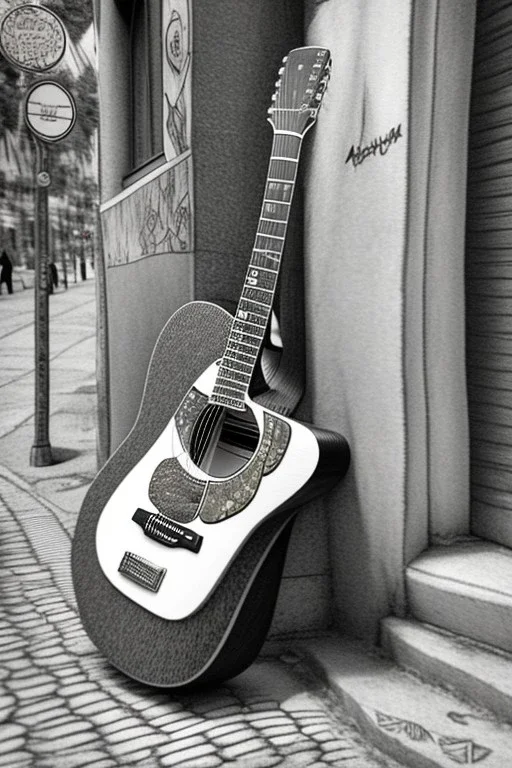 One single mature street cat, friendly, playing guitar, vienna, sunny day, perfect iris, perfect guitar, model style, hyper realistic, extremely accurate, delicate, extremely detailed, Graphic novel style, colours, wide-angle, open aperture, superfine pencil