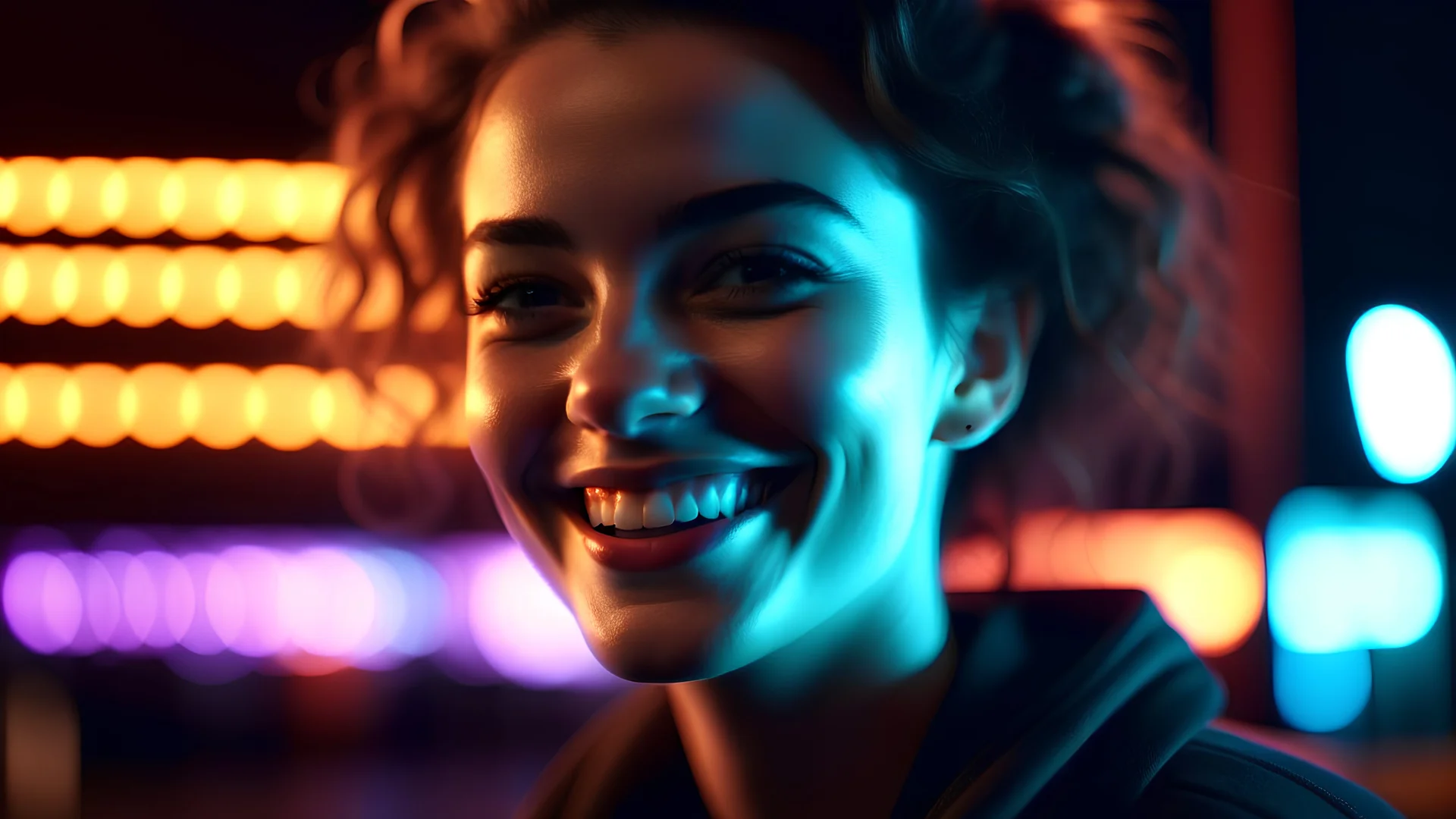 Photoreal magnificent neon vibes woman smiling and looking invincible, as seen through glass, photorealistic, bokeh masterpiece smooth shading, ultra detailed, high resolution, cinematic, unreal 6, subtle shadows, octane render, 8k, cinema 4d, HDR, dust effect, vivid colors