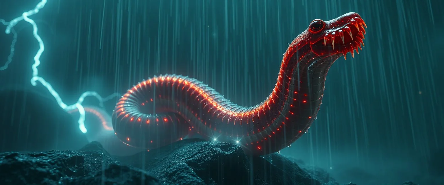 horrible space slinky boa slug in the style of giger, in fog and spectacular spark rain