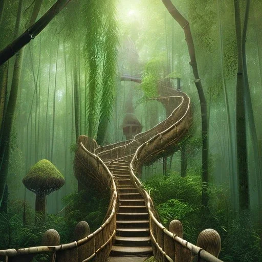 photo of intricate, realistic bamboo forest with wooden walkway leads to nowhere, 8k, high-quality, ultrafine-detail, intricate, detailed matte, digital painting, artwork, brian froud, howard lyon, selina french, anna dittmann, annie stokes, Greg Rutowski